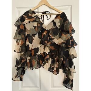 Ashley Stewart Blouse Plus Size 18/20 Tie Back Ruffles Multicolor